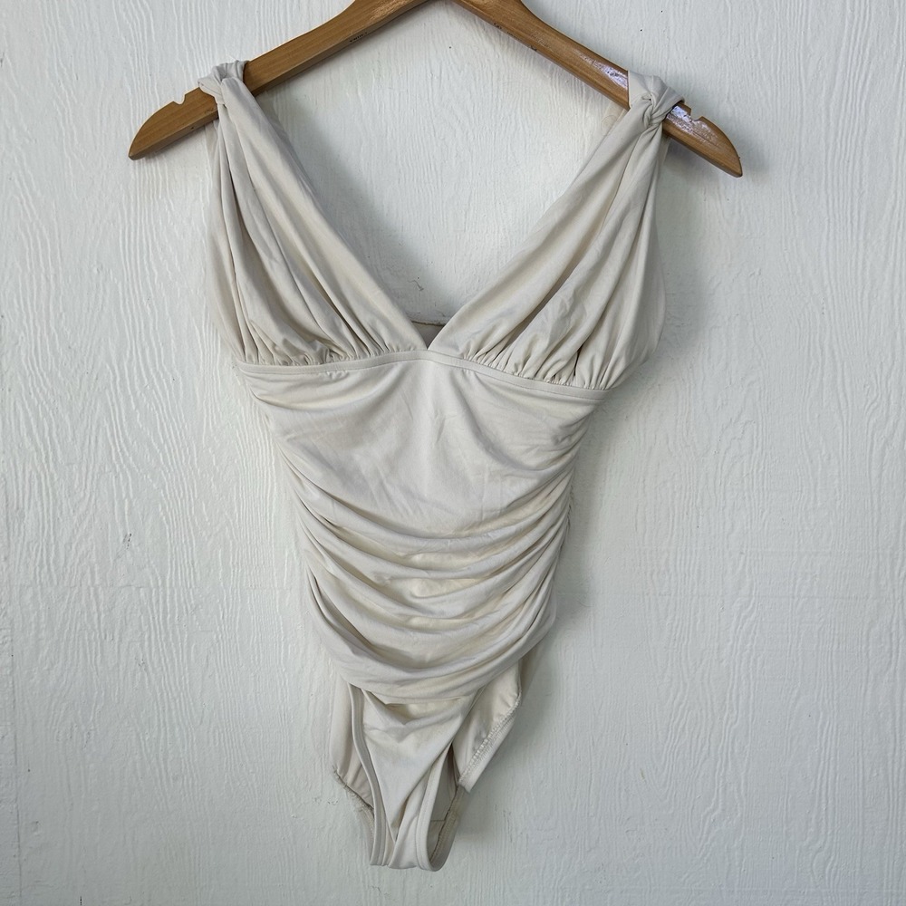 Carmen Marc Valvo Swimsuit‎ Women 6 One Piece Ivory Plunge Draped Ruched